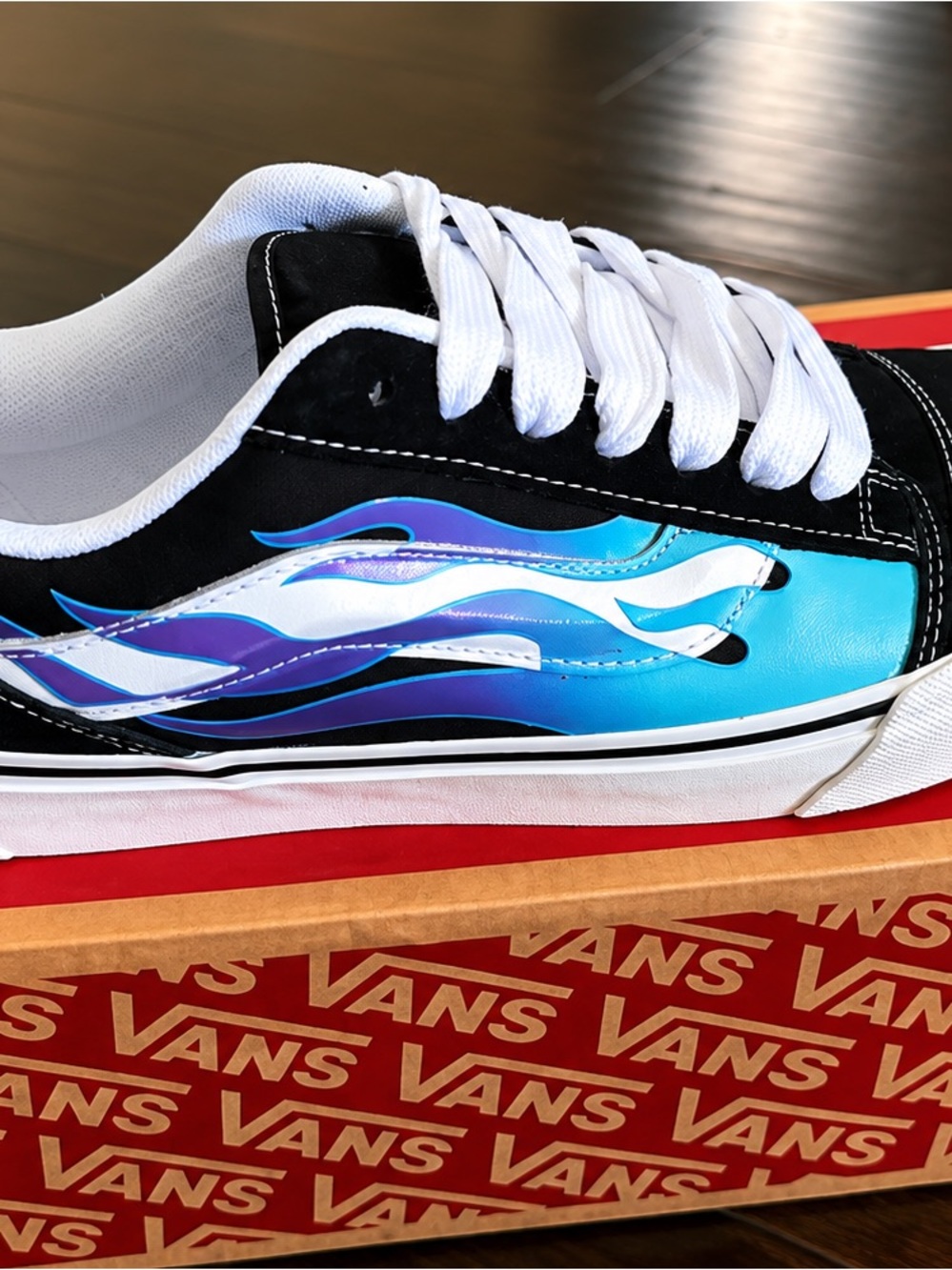 Vans Knu Skool Black Low-Top Sneakers with Blue & Purple Flame Graphic